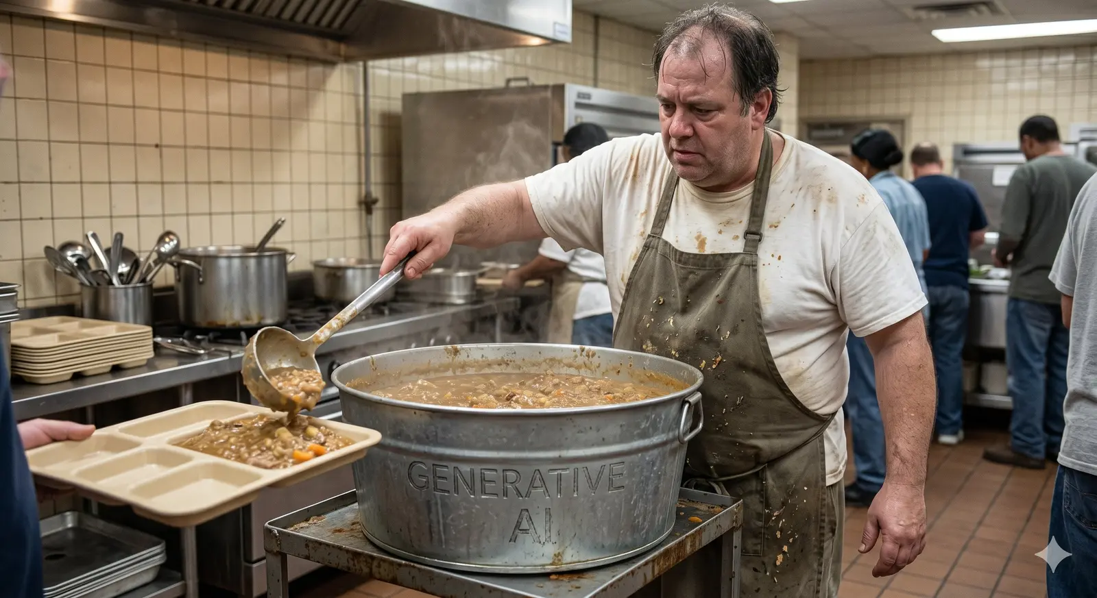 A tired cook ladling from a bucket labelled Generative AI